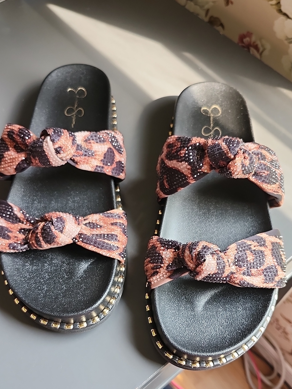 Jessica Simpson Black Slide Sandals with Animal-Print Knot Straps